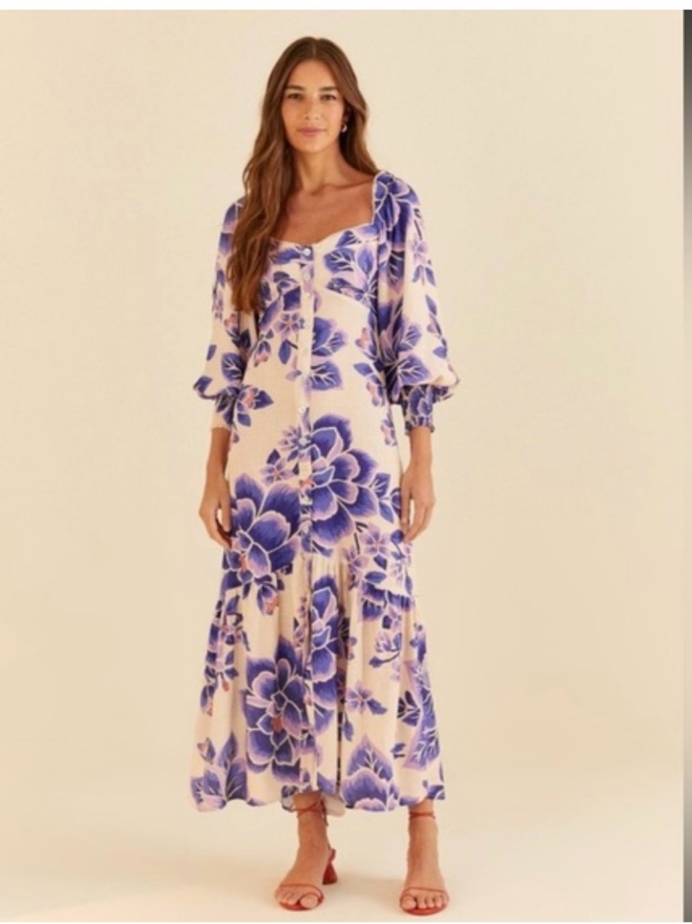 NWT Farm Rio Floral sweetheart Neck Maxi Dress in Purple Cream M